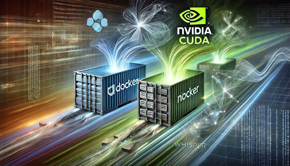 Representing the integration of Docker, NVIDIA CUDA, and OpenAI's Whisper turbo model