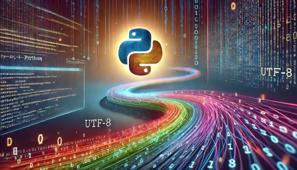 illustrating the complexities of handling UTF-8 encoding in Python The scene depicts colorful, interwoven binary code st