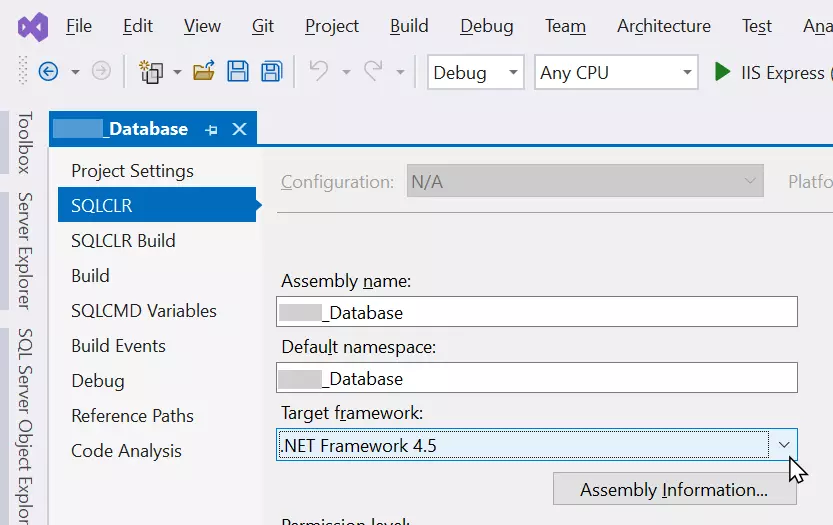 Database Project - SQLCLR - Target framework - .NET Framework 4.5