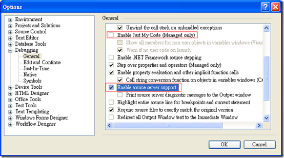 Microsoft Visual Studio - Tools - Options - Debugging - General