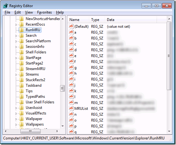 HKEY_CURRENT_USER\Software\Microsoft\Windows\CurrentVersion\Explorer\RunMRU
