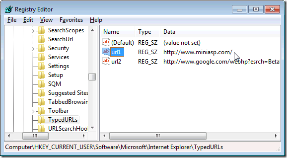 HKEY_CURRENT_USER\Software\Microsoft\Internet Explorer\TypedURLs