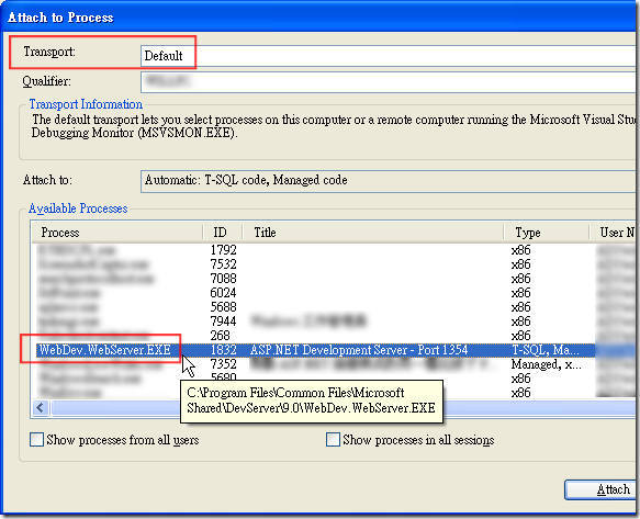 Attach to Process -> WebDev.WebServer.EXE