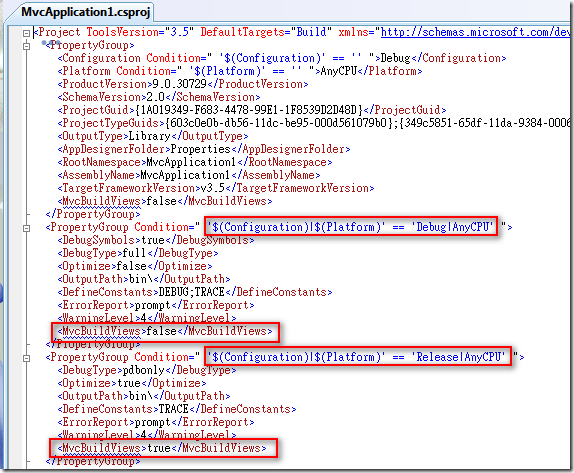 將 <MvcBuildViews>false</MvcBuildViews> 複製到另外兩個 <PropertyGroup> 中，並將 Release 的那個 <MvcBuildViews> 改成 true 即可