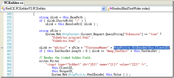 FCKeditor.cs 檔案的第 359 行，將 this.ClientID 加上 HttpUtility.UrlEncode() 即可