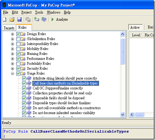 Microsoft FxCop - Rules Tab