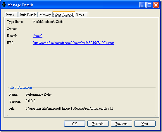 Microsoft FxCop - Message Details - Rule Support