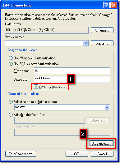 當你在新增連線時，可以選擇 [Save my password] 選項，如果你有勾選，可以點選 [Advanced...] 按鈕查詢透過工具幫你產生的連線字串。