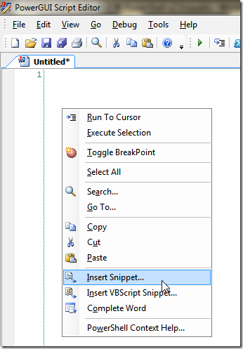 PowerGUI Script Editor - Insert Snippets