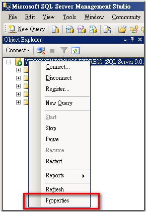 首先，進入 SSMS 後在 Server Name 點選滑鼠右鍵，選取「屬性(Properties)」