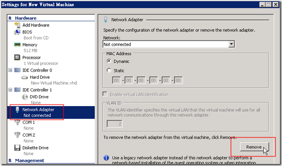 點選 Hardware -> Network Adapter，然後點選右邊的 Remove 移除預設的網路介面設定