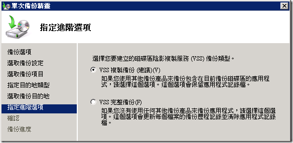 單次備份精靈 / 指定進階選項