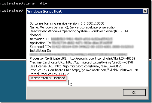 slmgr -dlv  /  Licensed