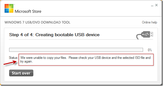We were unable to copy your files.  Please check your USB device and the selected ISO file and try again.