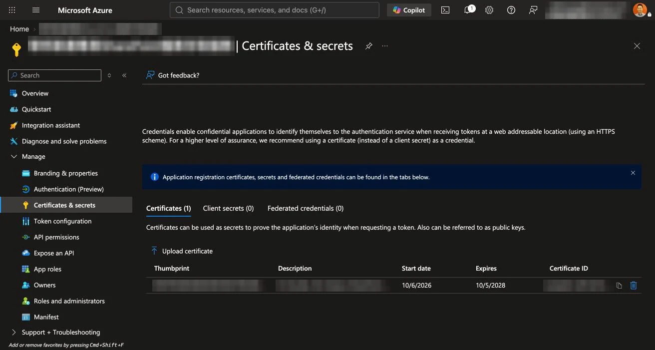 Certificates 分頁顯示已上傳的憑證，包含 Thumbprint、Description、Start date 與 Expires