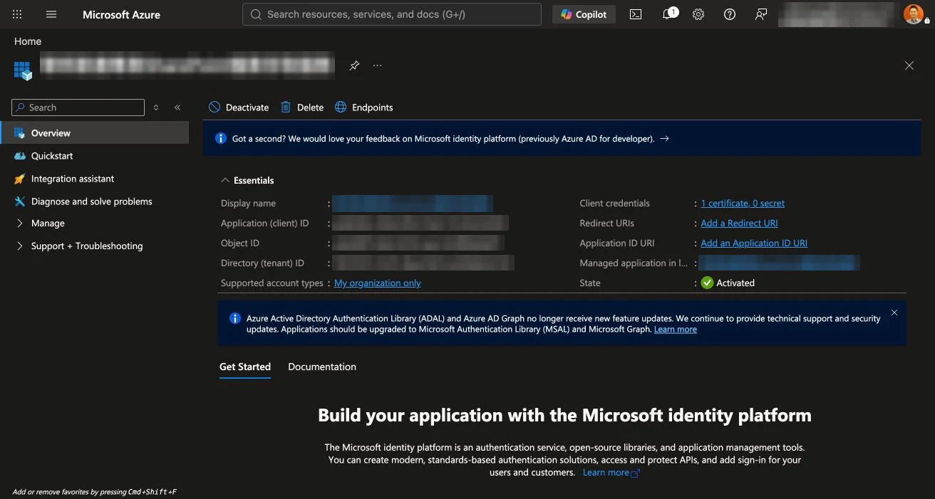 應用程式的 Overview 頁面，顯示 Application (client) ID、Object ID、Directory (tenant) ID 等資訊