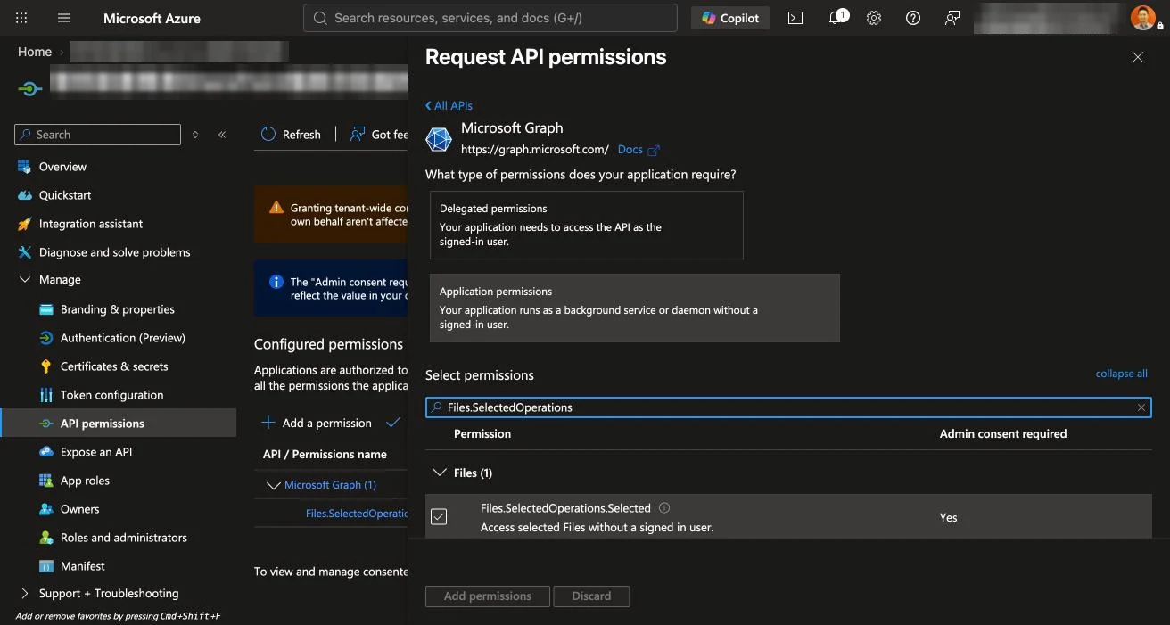 Request API permissions 面板中，選擇 Application permissions 並勾選 Files.SelectedOperations.Selected