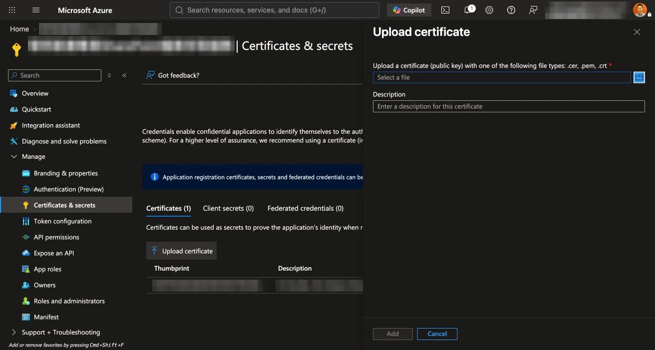Upload certificate 面板，可以上傳 .cer、.pem 或 .crt 格式的公開憑證