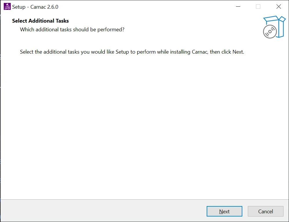 Carnac 2.6.0 安裝程式的 Select Additional Tasks 頁面中間區域一片空白，僅在左上角顯示一個細小的虛線焦點框