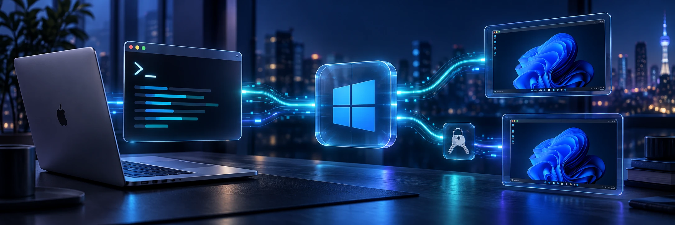 Mac 終端機透過 Windows App 連接兩個遠端 Windows 桌面，並以鑰匙圖示呈現儲存認證的概念
