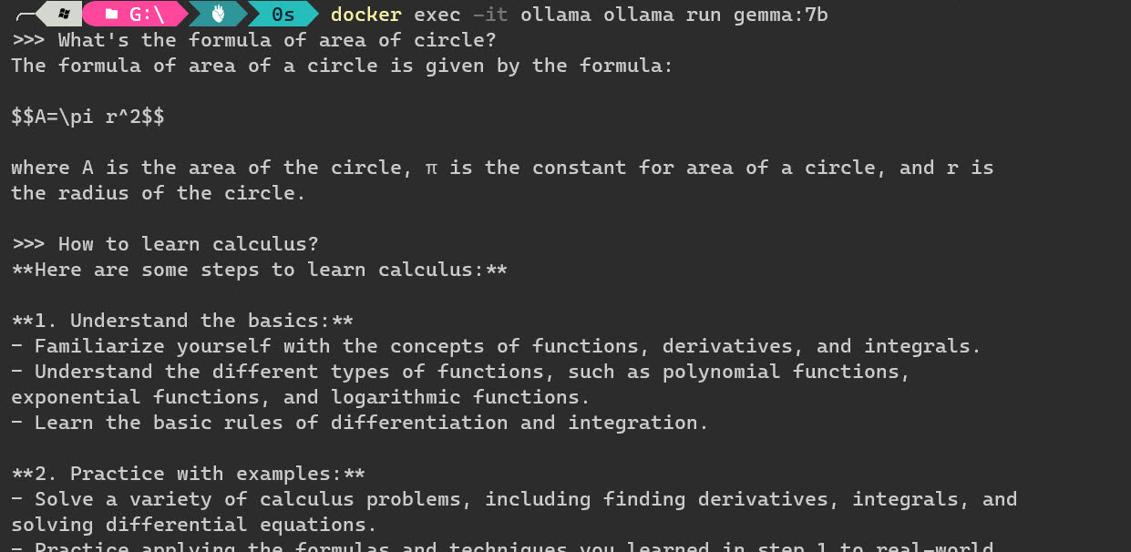 docker exec -it ollama ollama run gemma:7b