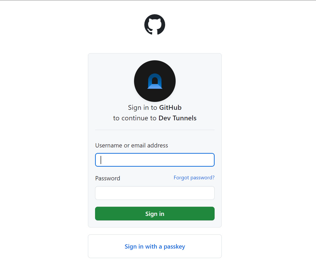 Sign in to GitHub to continue to Dev Tunnels