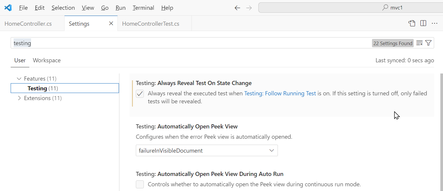 Testing settings
