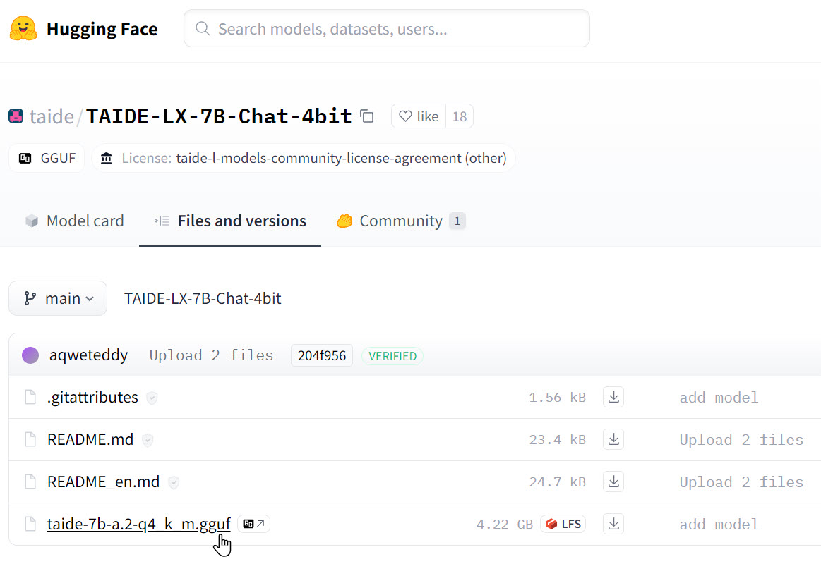 Files and versions: taide-7b-a.2-q4_k_m.gguf