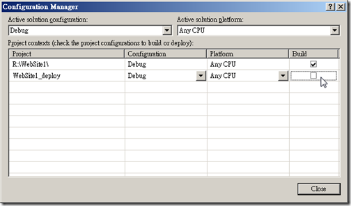 透過 Configuration Manager 定義不同的 Configuration 模式是否要編譯 Web Deployment Project 專案