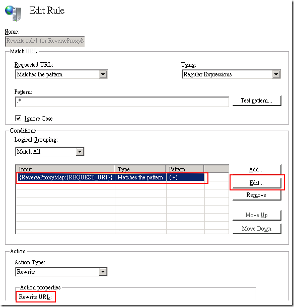 這裡的預設設定大多不是我們要的，為了達到 Reverse Proxy 的功能，我們必須修改 Conditions 與 Action 的參數。