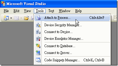 Visual Studio / Tools / Attach to Process