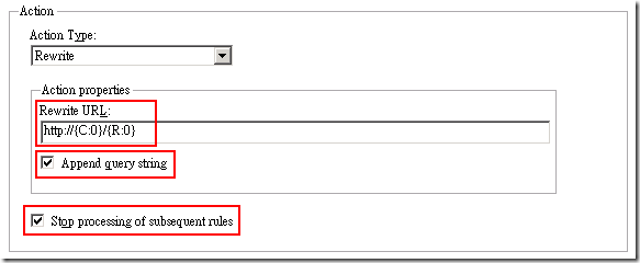 最後我們將 Action 區段的 Rewrite URL 修改成 http://{C:0}/{R:0}，將 Append query string 勾選，以及將 Stop processing of subsequent rules 勾選，在點選「套用」就大功告成了！