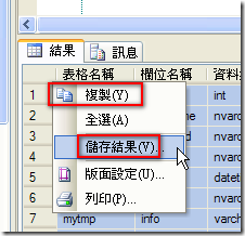 在查詢結果視窗複製或儲存結果的方式