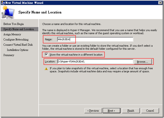 Hyper-V :: 執行 :: New :: Virtual Machine :: Specify Name and Location