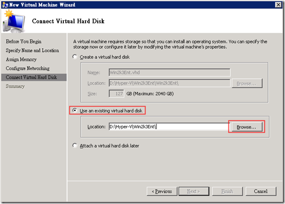 Hyper-V :: 執行 :: New :: Virtual Machine :: Connect Virtual Hard Disk