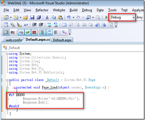 雖然 Solution Configuration 已經切換至 Debug 項目，但程式碼中依然出現灰底字