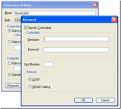 Adsiedit - Connection Settings - Advanced