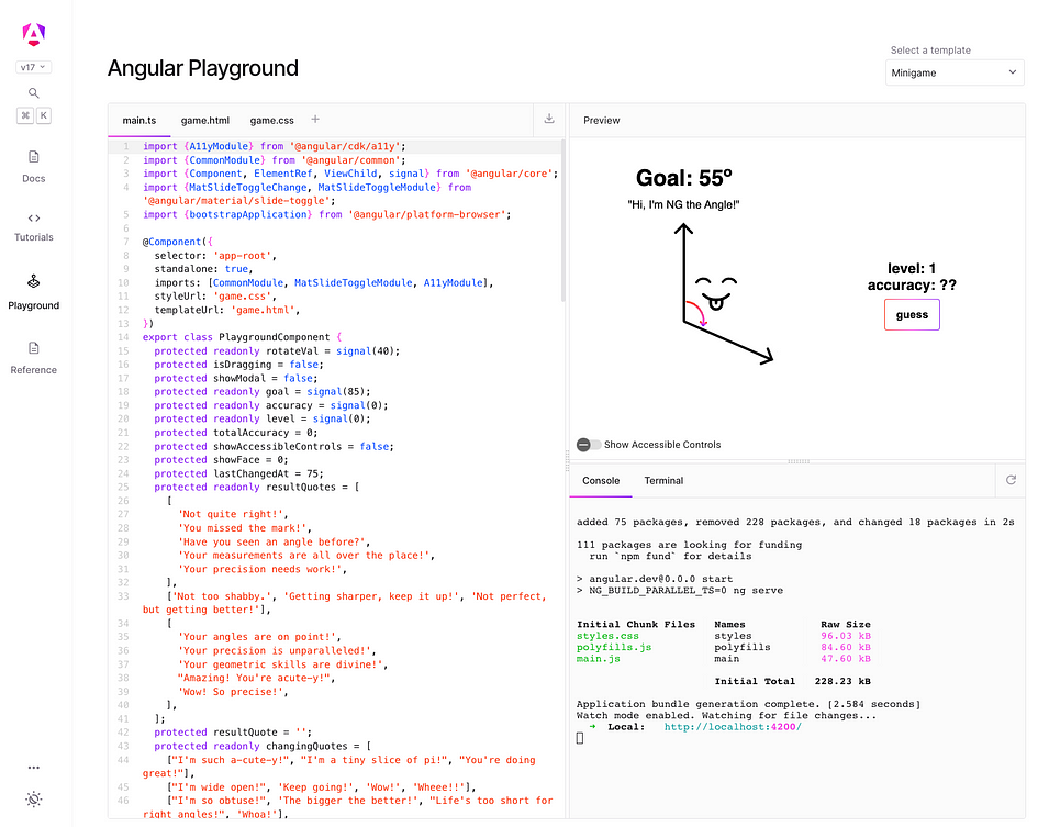 在 Angular Playground 中編寫的 Angular 遊戲的螢幕截圖:angular.dev/playground