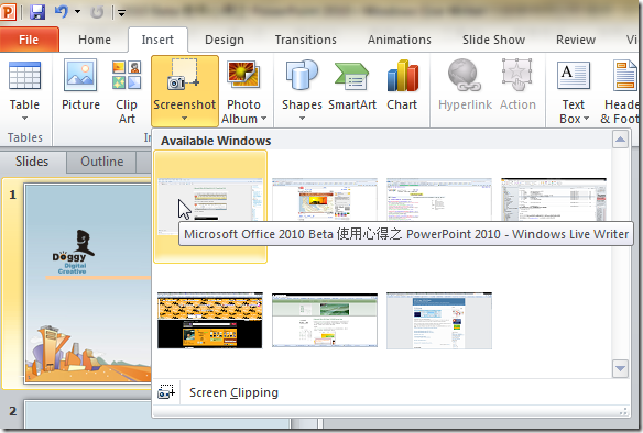 直接插入目前電腦任何一個視窗的畫面截圖(Screenshot)