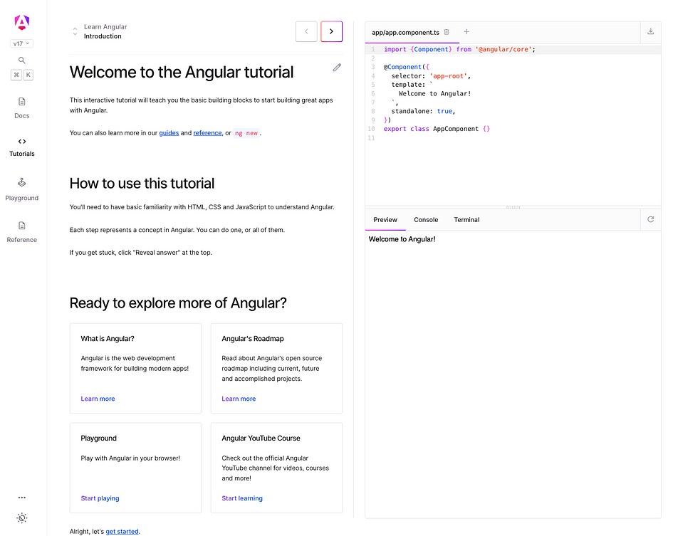 新的 Angular 課程的螢幕截圖:Angular.dev/tutorials/learn-angular
