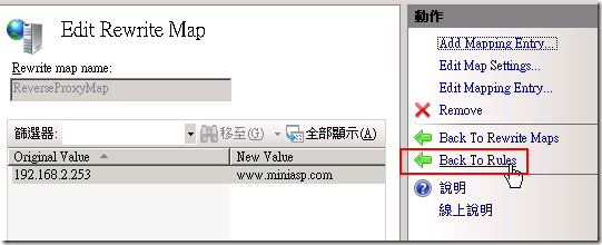 然後我們點選 Back To Rules 準備進行修改 URL Rewrite 的主要設定。