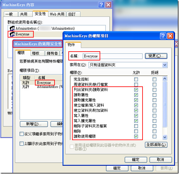 在 MachineKeys 目錄已經對 Everyone 設定了所有可讀、可寫的權限