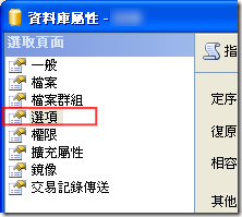 資料庫屬性的選項
