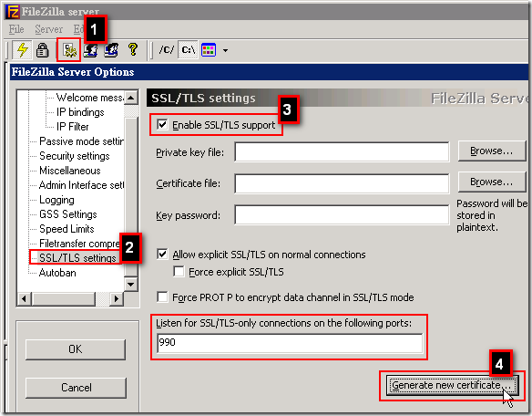 FileZilla Server: 先啟用 SSL/TLS 支援,然後建立一個測試用憑證 FileZilla Server: 先啟用 SSL/TLS 支援,然後建立一個測試用憑證