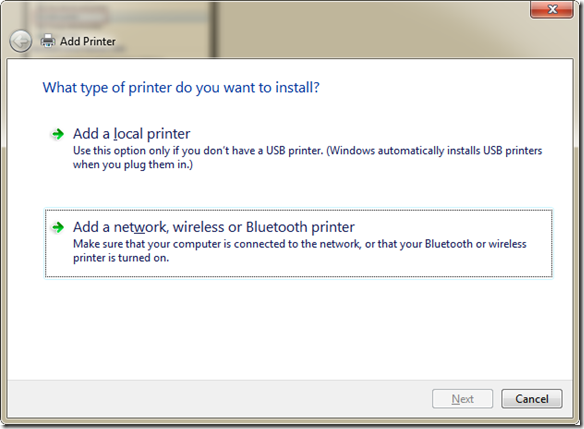 選取 [Add a network, wireless or Bluetooth printer]