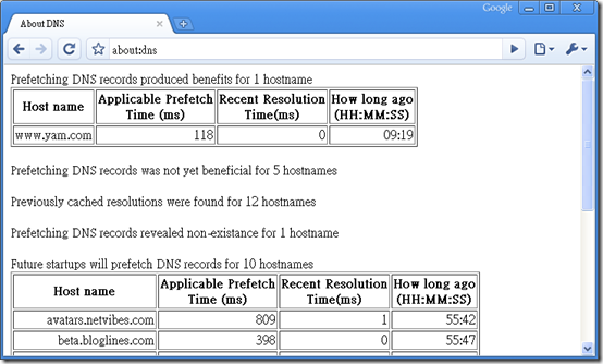 Google Chrome - about:dns