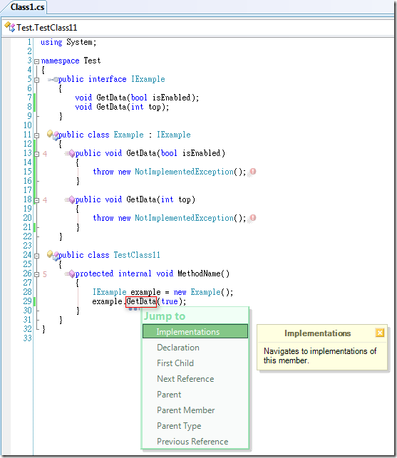 如果你在 Code Editor (程式碼編輯器) 中，鍵盤游標為於 Method 之中，這時按下 Ctrl+Alt+N 就會出現 “Jump To…” 的畫面，這時我們常用的 Implementations 功能就會出現。