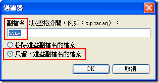 在『過濾器』的視窗打上 wmv ，因為我們只要下載 *.wmv 的影片檔而已。