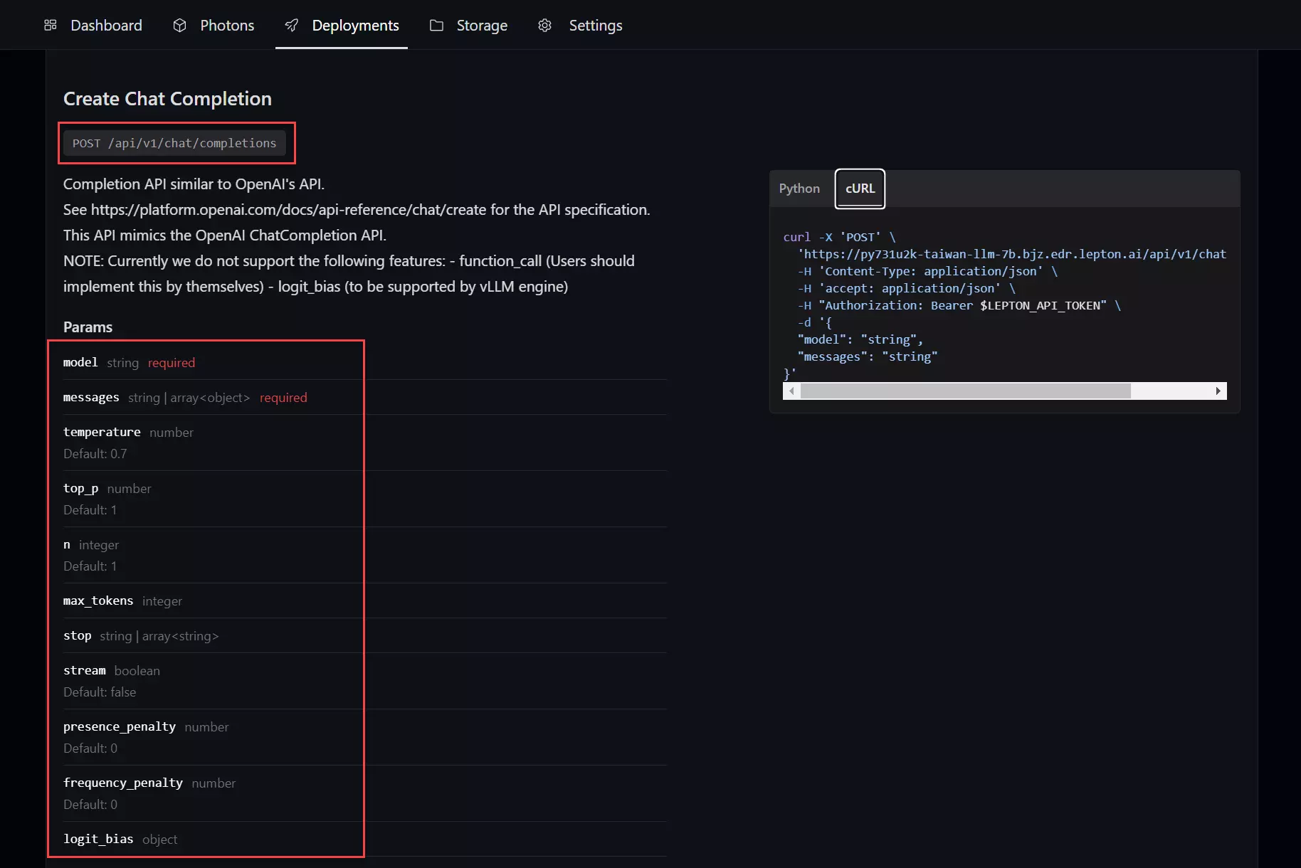 Deployments > API > Create Chat Completion