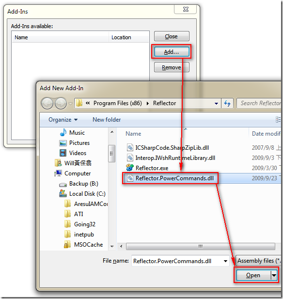 4. 將 Reflector.PowerCommands.dll 組間新增到 Add-Ins 清單中